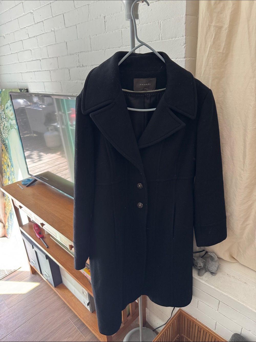Tahari Black Wool-Blend Trench Coat with Notch Collar